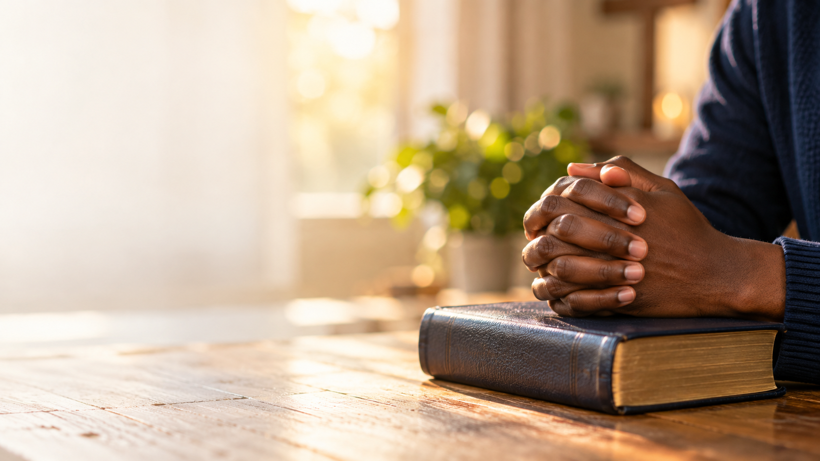 Hands joined in prayer beside a Bible